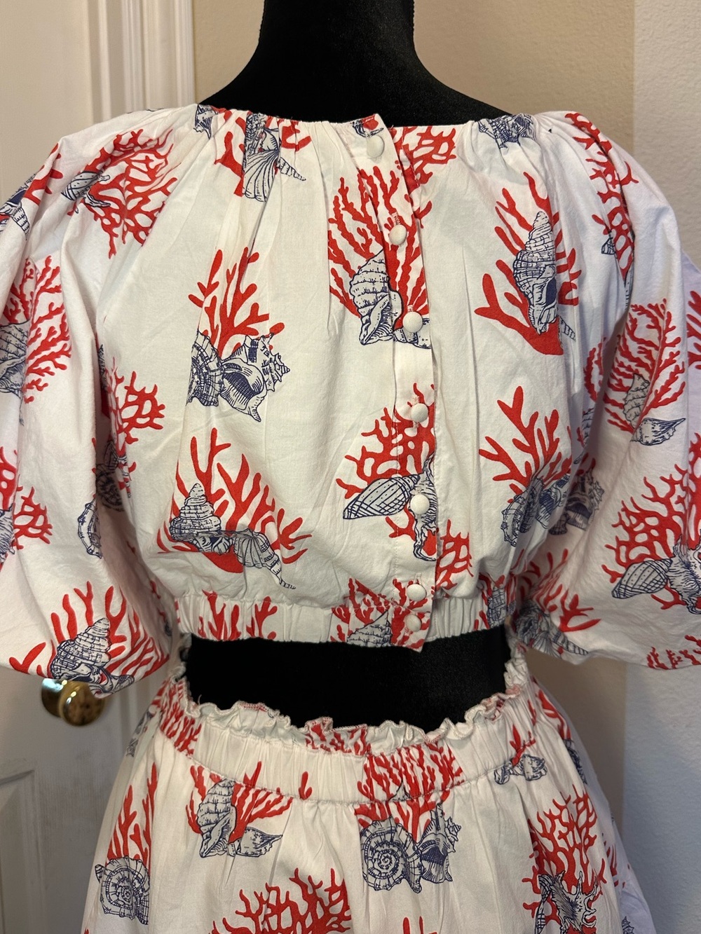 Anthropologie Priya Israni Coral Seashell Puff Sleeve Cutout Mini Dress S - Picture 6 of 14